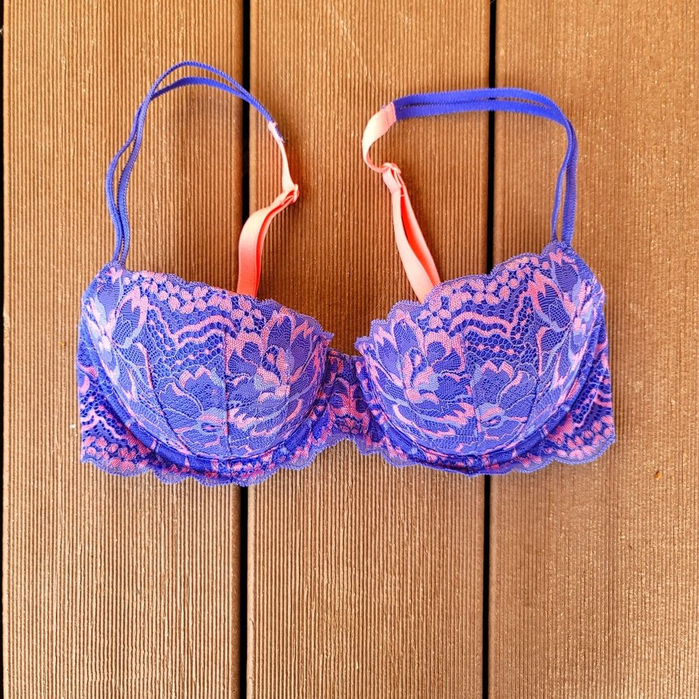 PINK Blue & Coral Lace Balconette Push Up - 32C